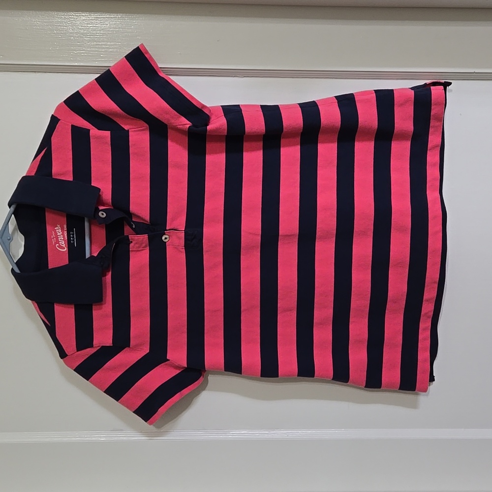 Land's End Navy Blue/ Faded Red Striped Mesh Polo Shirt